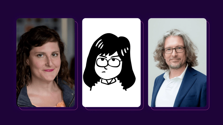 Three photos of the new Tor board members; the image on the left is a photo of a white woman with brown hair and a small smile. The middle image is black and white illustration of a woman looking upwards with a slightly frustrated brow-furrow. The third image is a white man with chin-length wavy hair. 