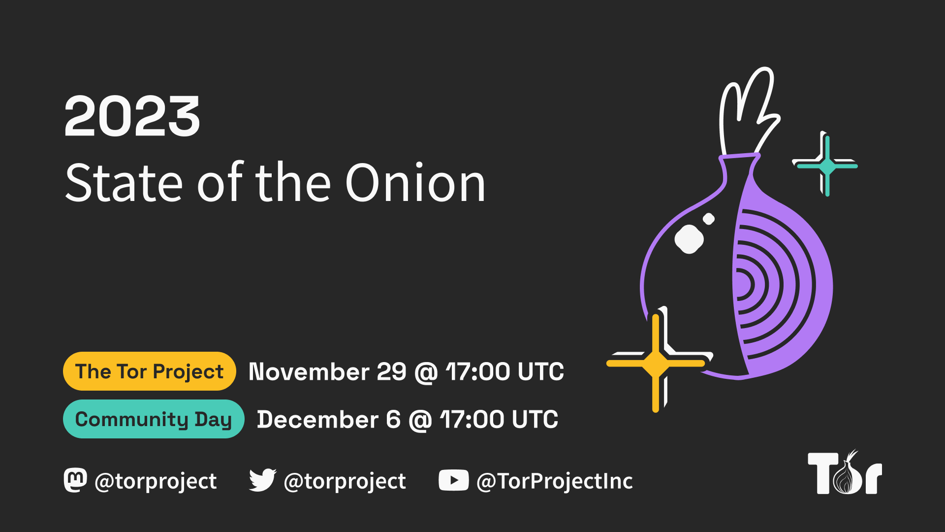State of the onion keyvisual, stylized onion, on black background with the State of the Onion dates, Nov 29th and Dec 6th