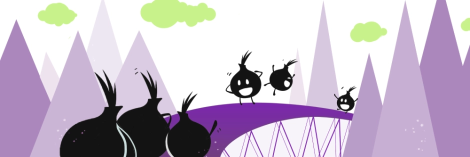 illustration of onions dancing on a bridge