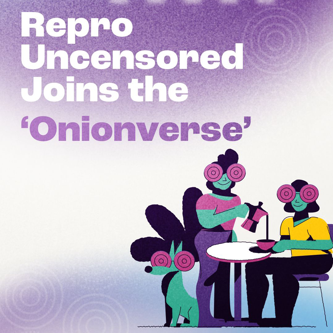 "repro uncensored joins the onionverse" in white lettering on purple background with illustration of people sitting at a small table