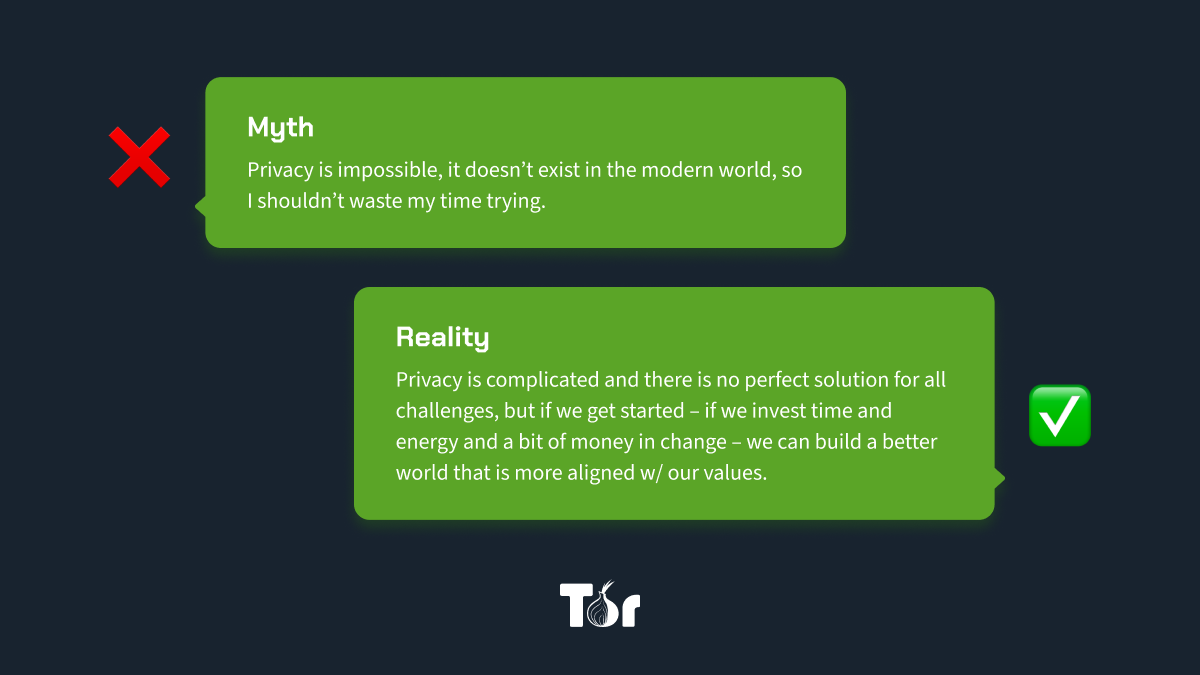 Myth busting: A chat exchange between two entities texting each other. Sender says "Privacy is impossible", Receiver counters "That there are not perfect solitions, but if we invest some time and effort, we can build a better internet."