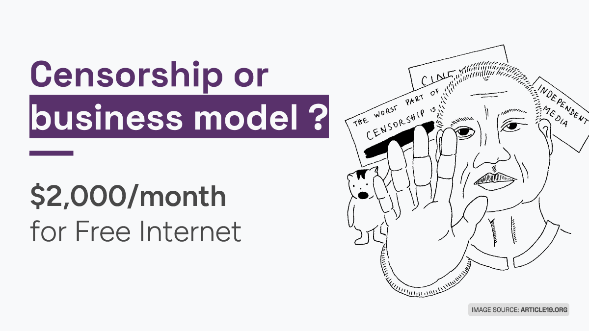 A thumbnail with text reading "Censorship or business model? $2,000/month for Free Internet next" next to an illustration of a person raising their hand in protest of censorship
