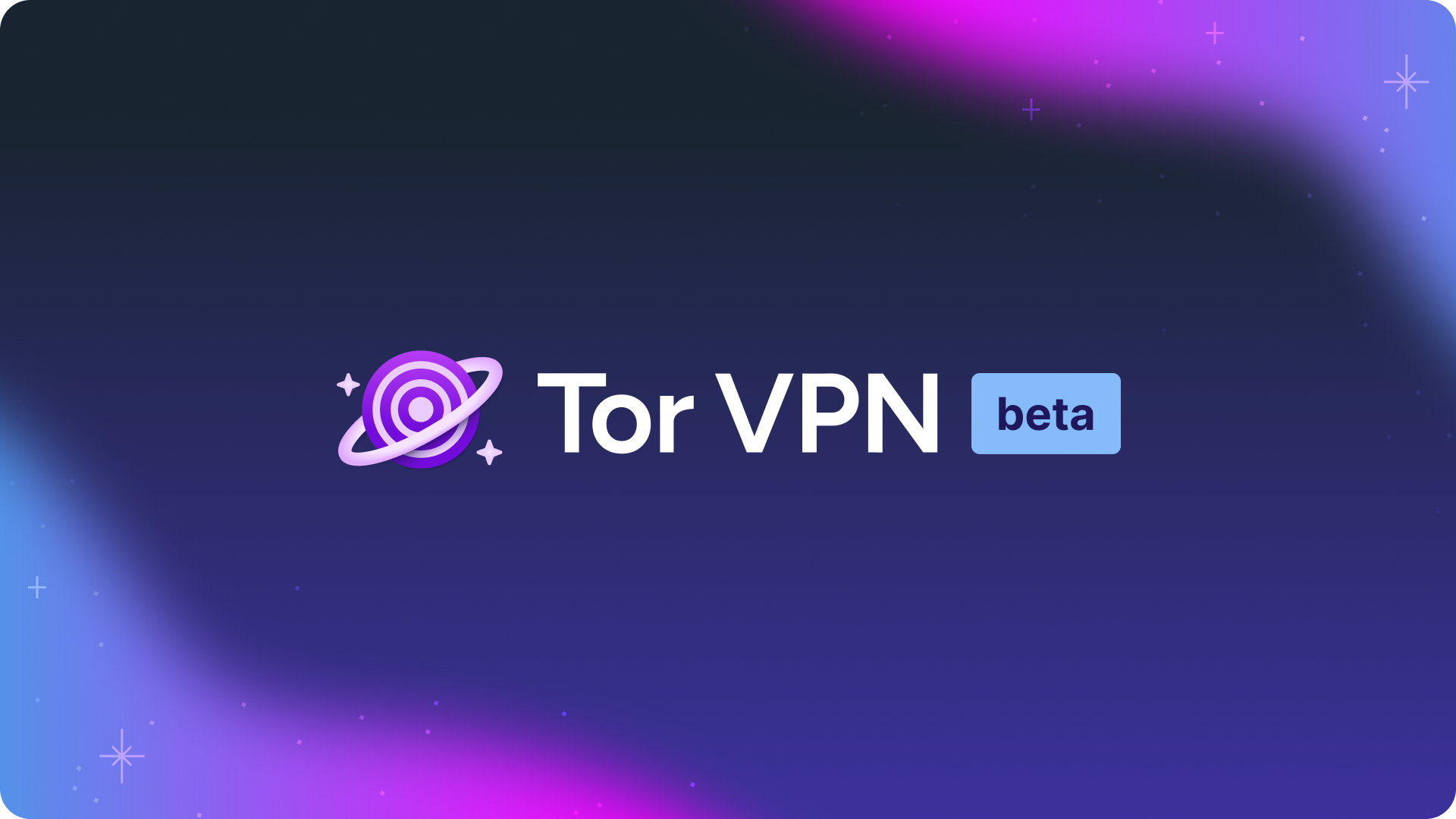 The Tor VPN logo with a beta button on a purple blue gradient background with sparkly stars