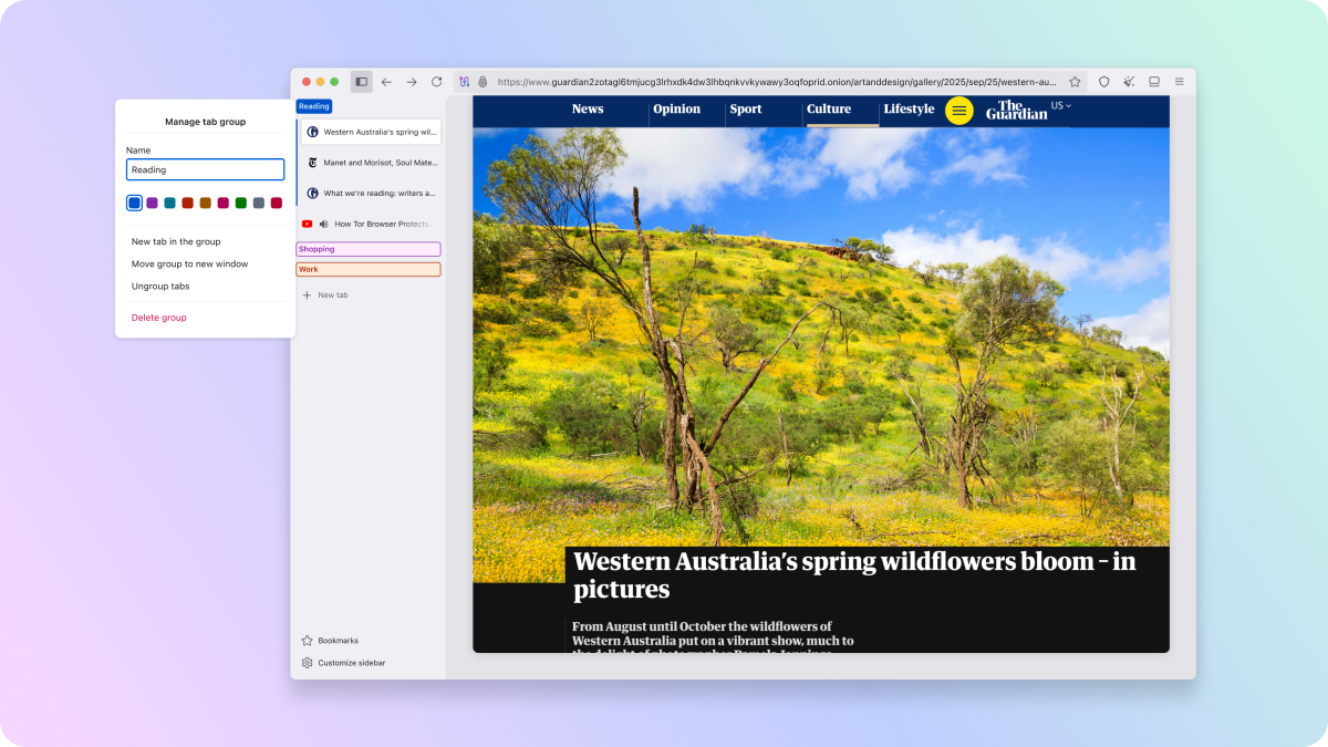 Screenshot of Tor Browser 15 displaying The Guardian US's homepage while showcasing sidebar groups of tabs that are organized and named according to categories like "shopping" and "work". 