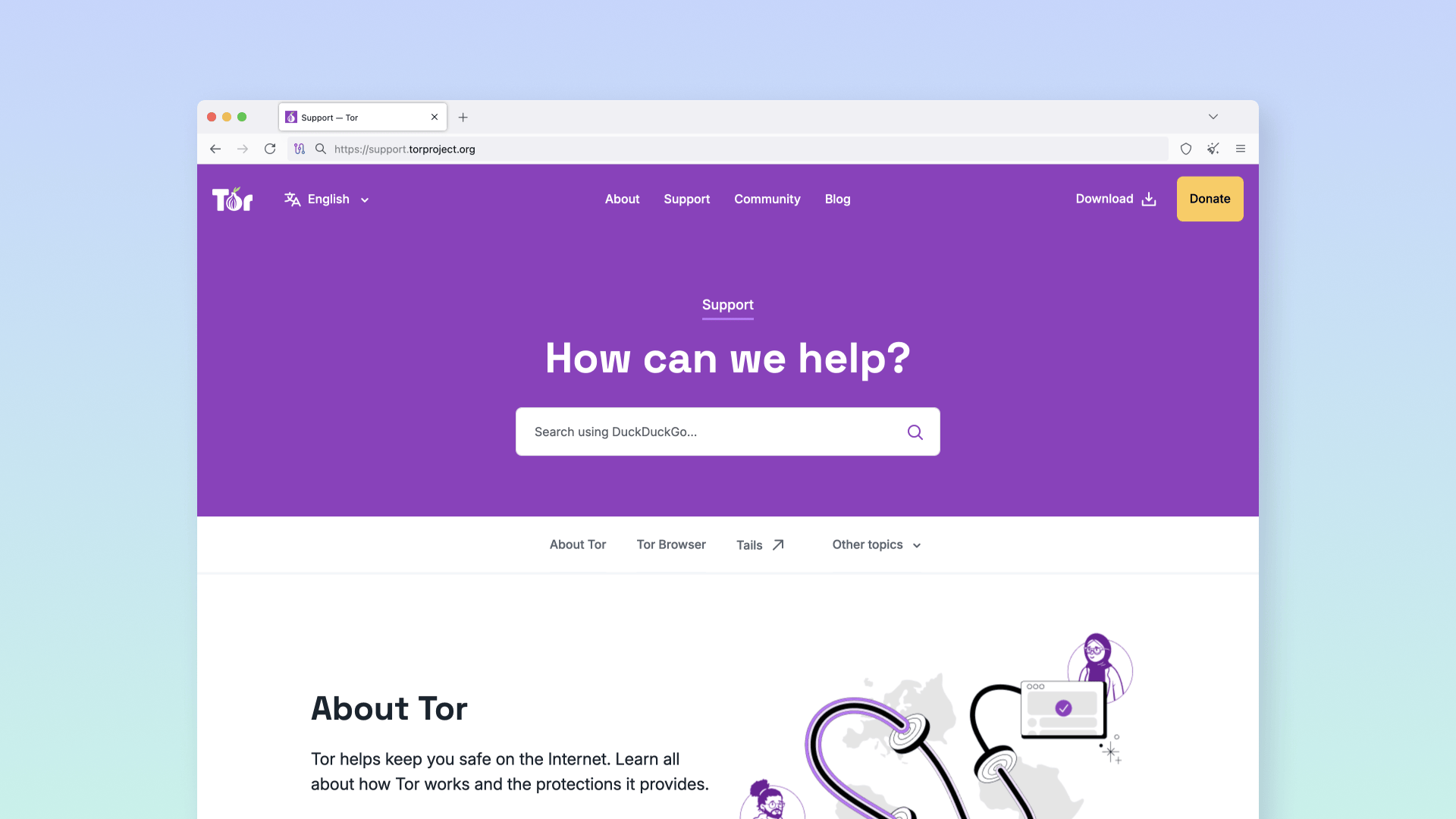 A screenshot of the updated support portal showing Tor's refreshed corporate design