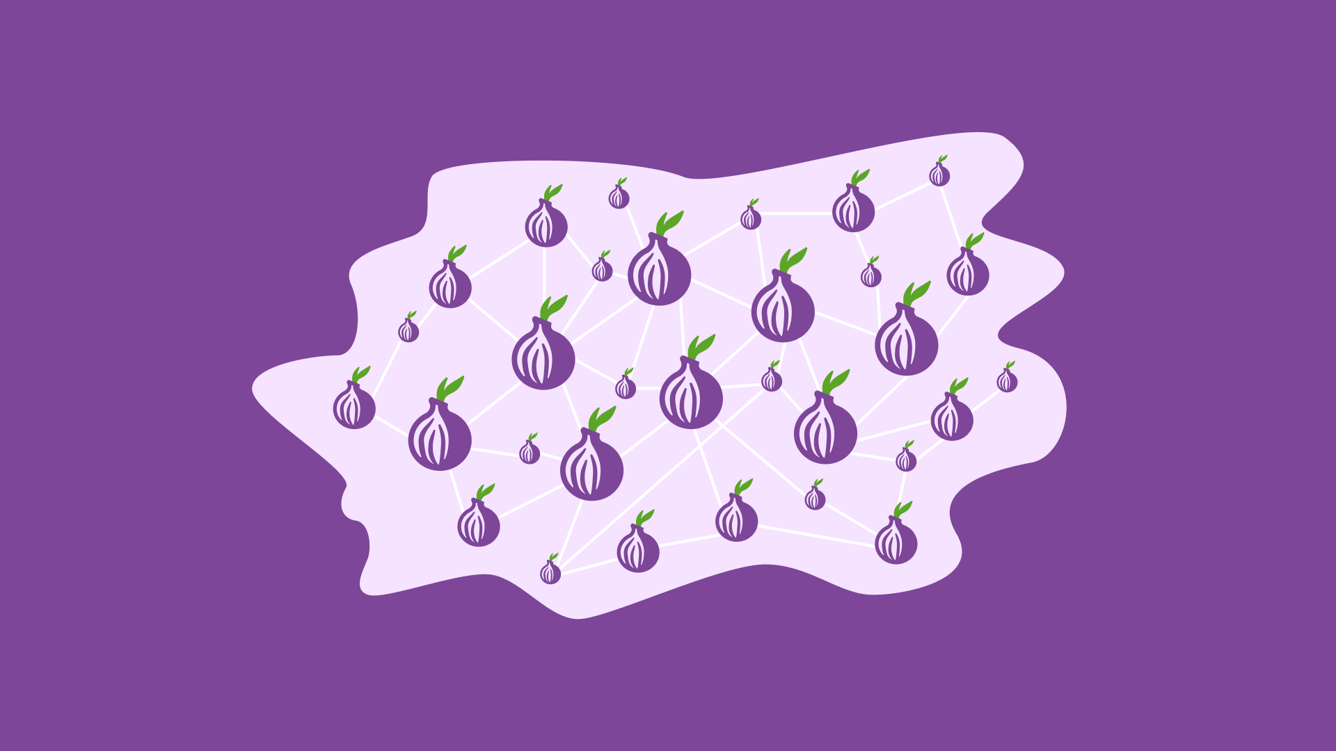 an illustration of a network of Tor onions in a light pink bubble on a purple background