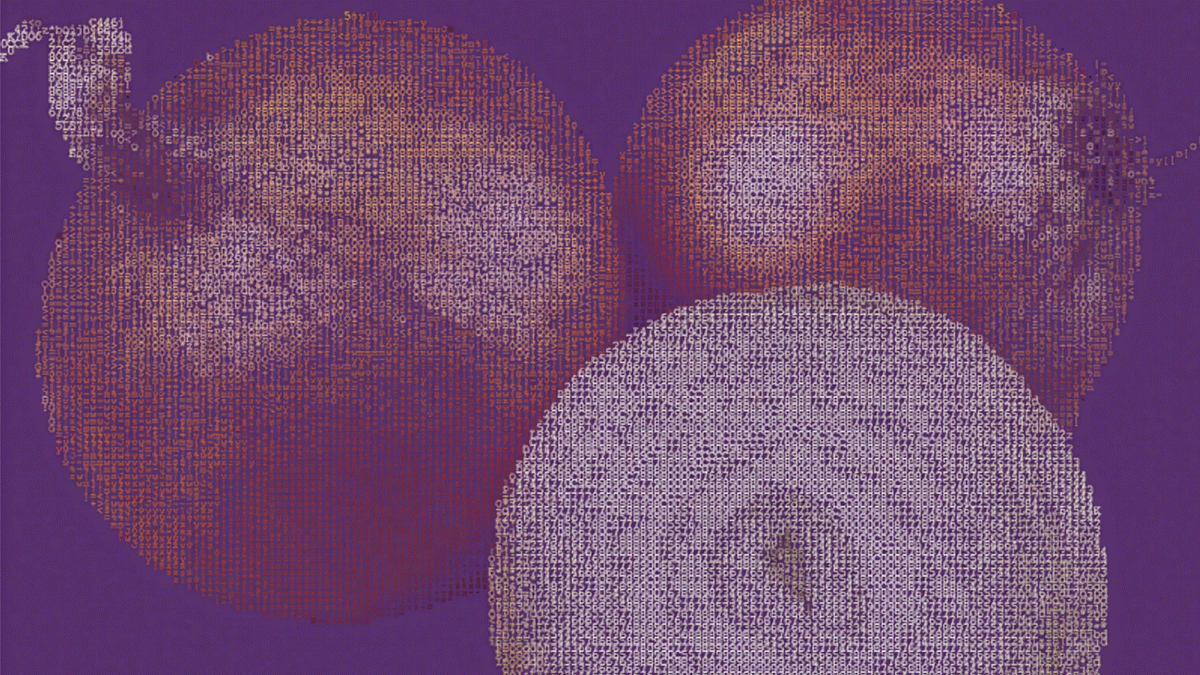 A photorealistic picture of red onions tinted purple with an overlay of numbers stylized to create the impression of high pixelation