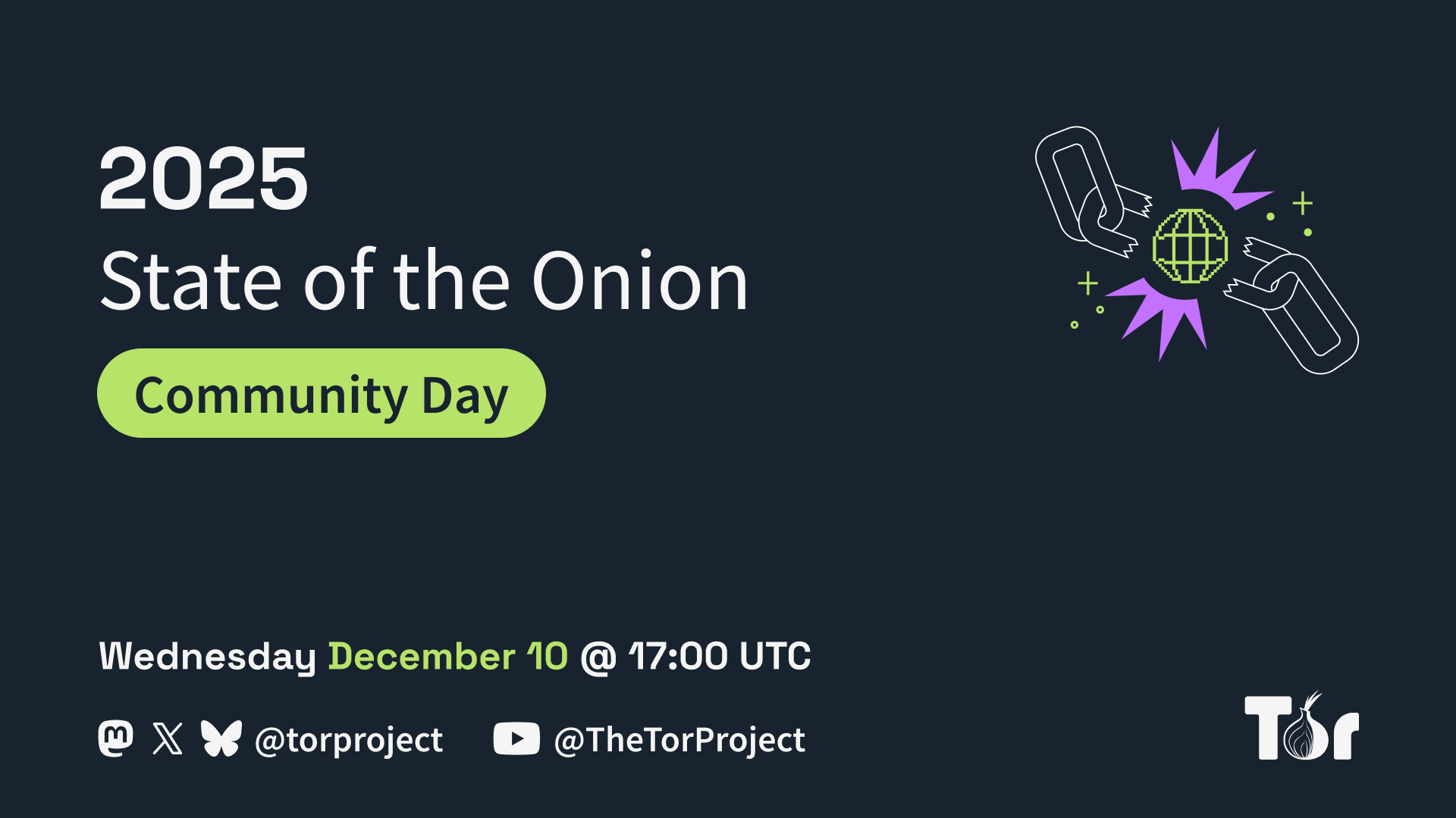 Light grey text on black background: 2025 State of the Onion Community, Wednesday December 10 @ 17.00 UTC