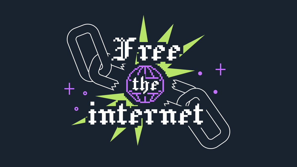 An illustration of a chain breaking apart with the text FREE THE INTERNET overlaying at the spot in which the chains break